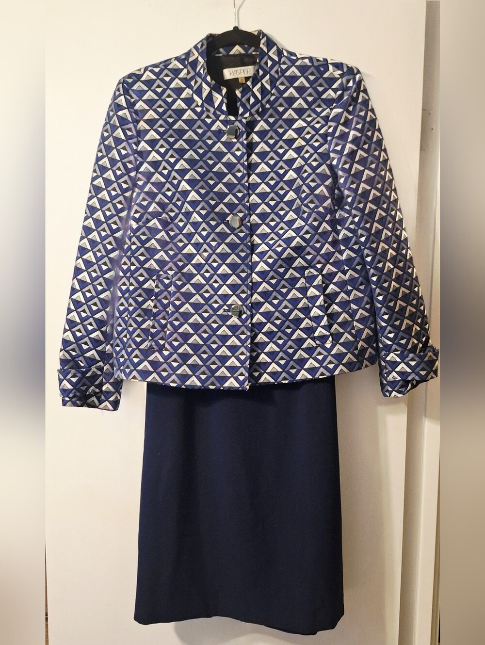 Kasper Navy and White Geometric Jacket And Dress Suit